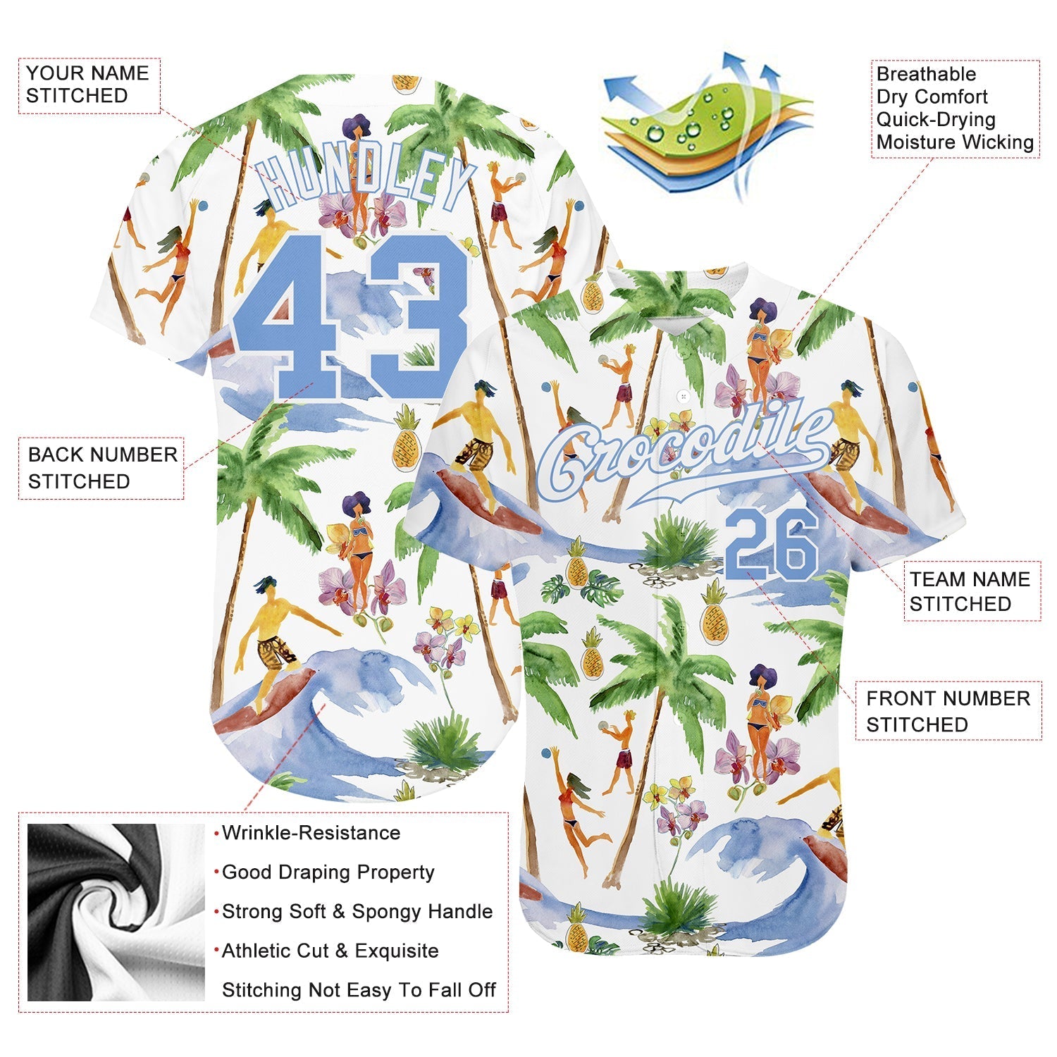 Custom White Light Blue-White 3D Pattern Design Hawaii Palm Trees Authentic Baseball Jersey baseball jersey product view 3