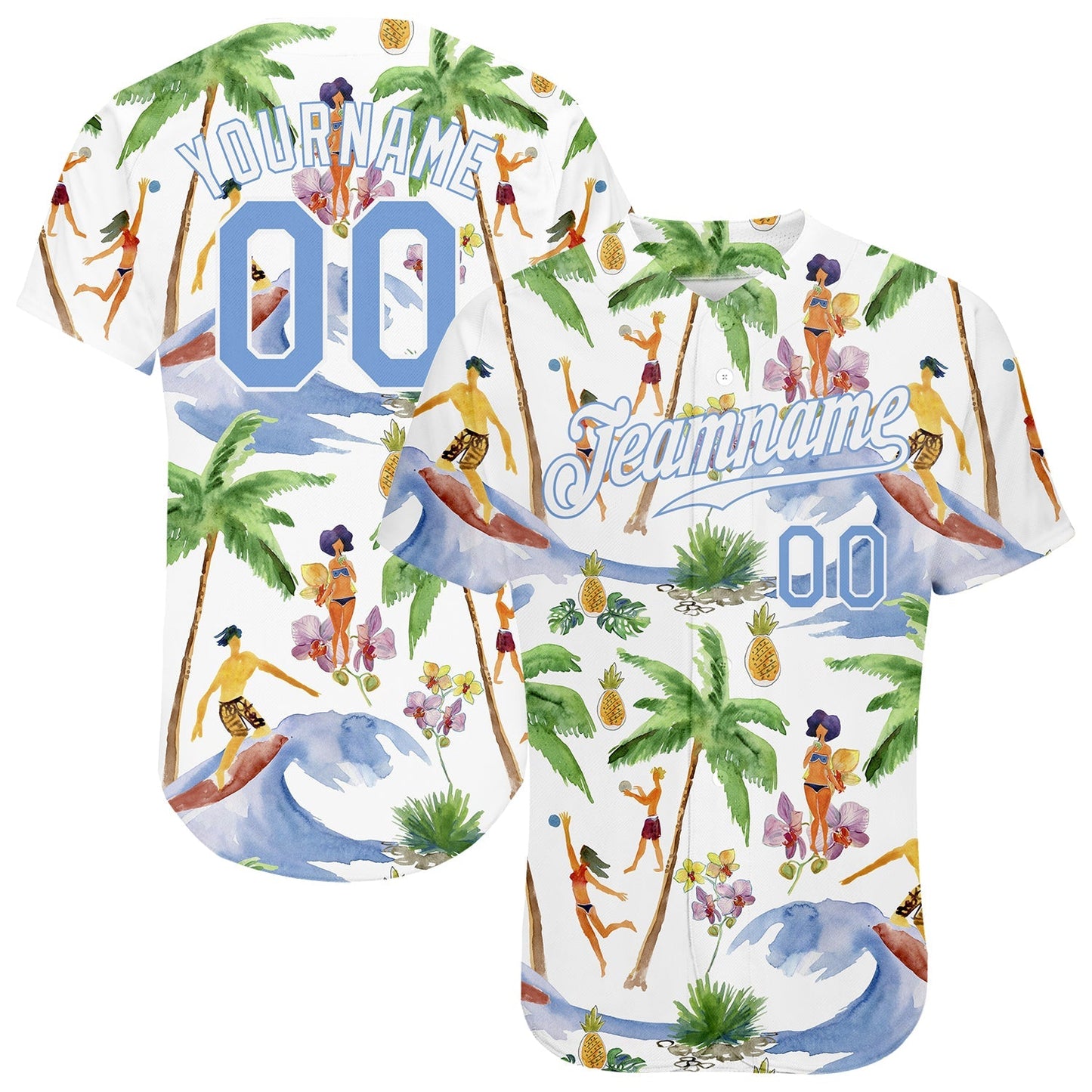 Custom White Light Blue-White 3D Pattern Design Hawaii Palm Trees Authentic Baseball Jersey baseball jersey product view 1
