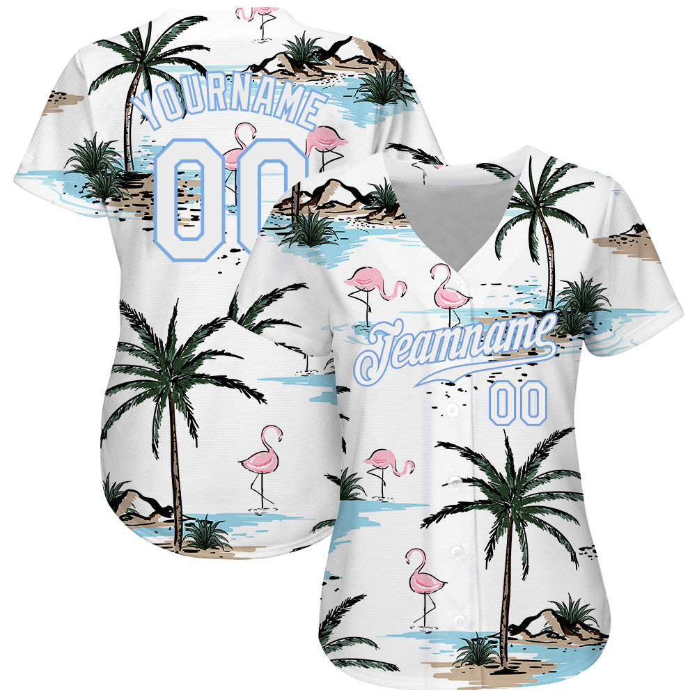 Custom White White-Light Blue 3D Pattern Design Hawaii Palm Trees Authentic Baseball Jersey baseball jersey product view 2