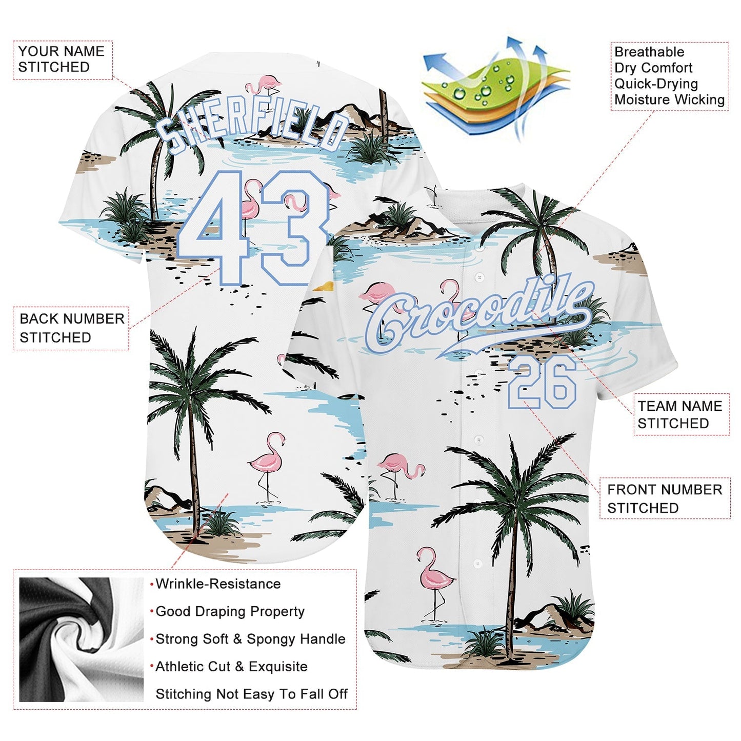 Custom White White-Light Blue 3D Pattern Design Hawaii Palm Trees Authentic Baseball Jersey baseball jersey product view 3