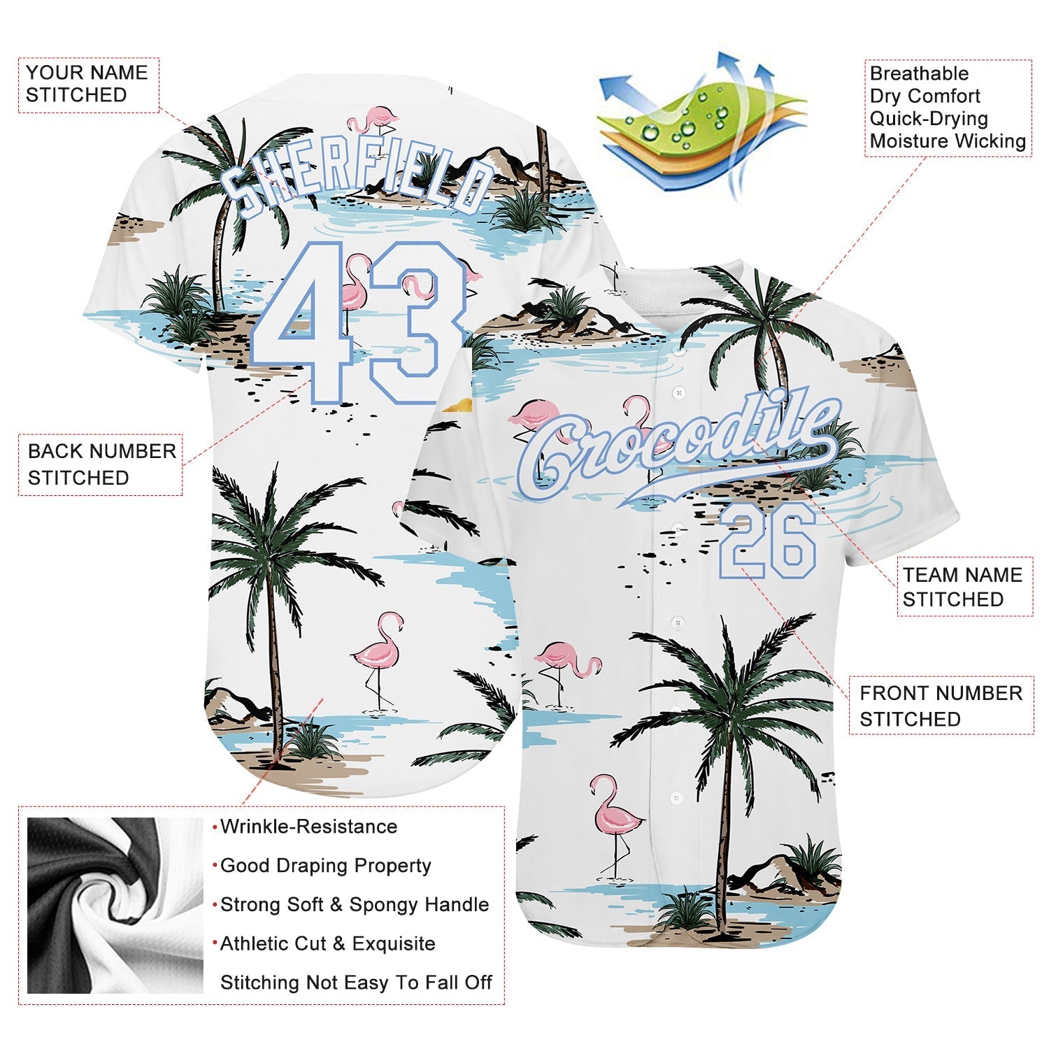 Custom White White-Light Blue 3D Pattern Design Hawaii Palm Trees Authentic Baseball Jersey baseball jersey product view 3