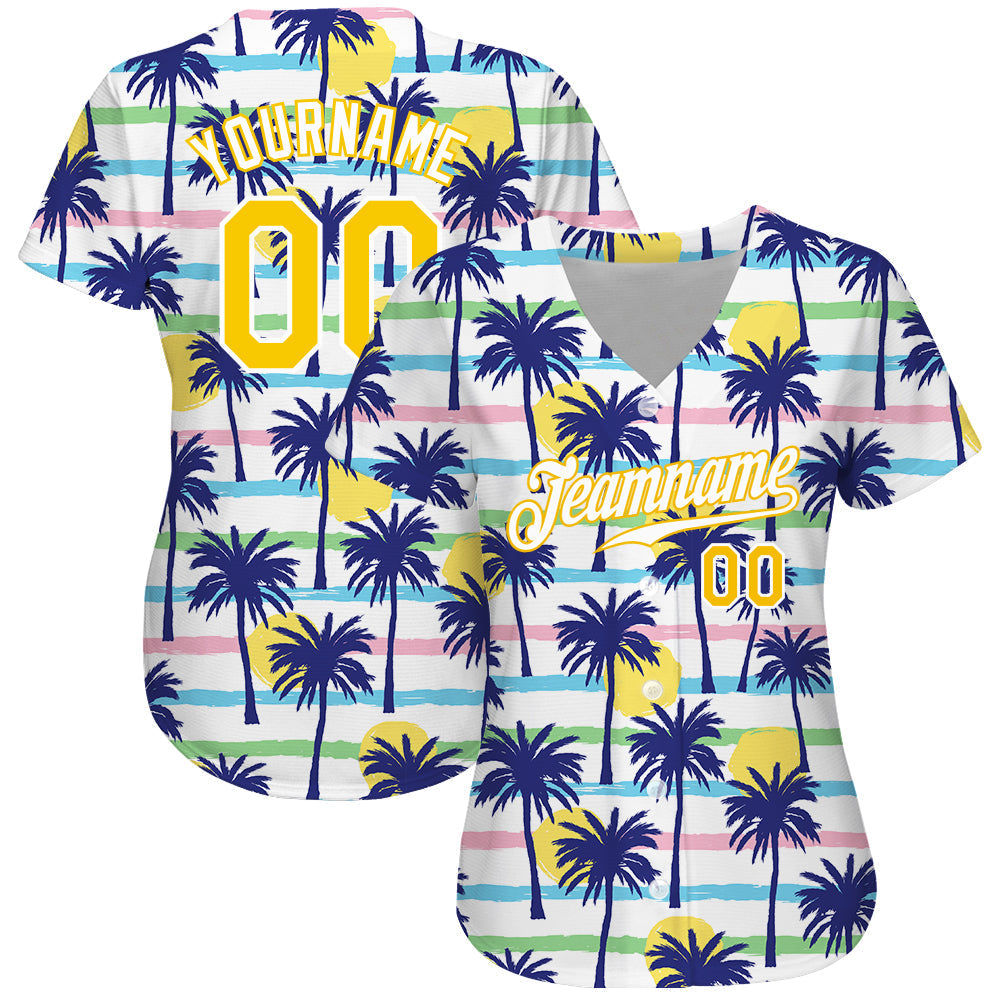 Custom White Gold-White 3D Pattern Design Hawaii Palm Trees Authentic Baseball Jersey baseball jersey product view 2