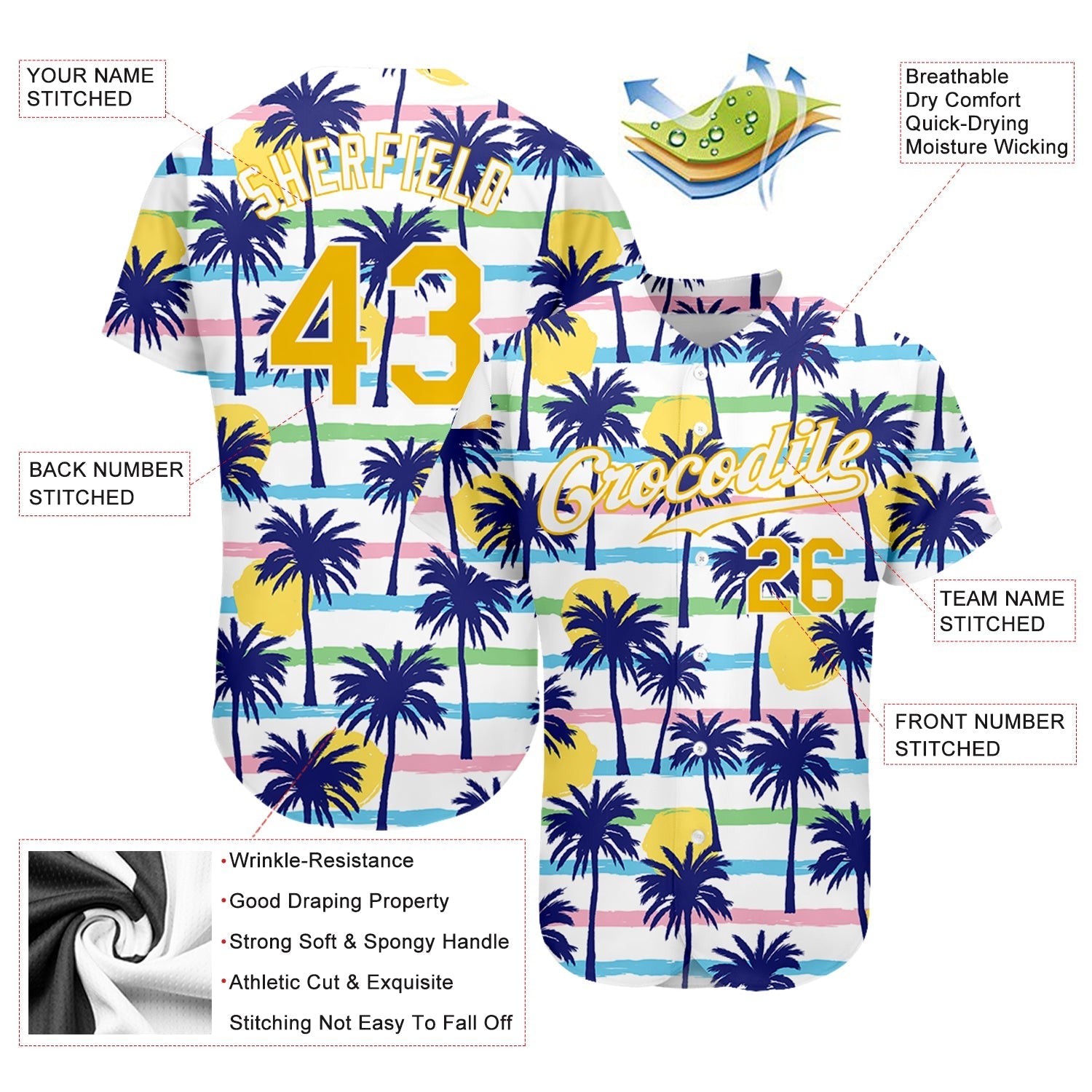 Custom White Gold-White 3D Pattern Design Hawaii Palm Trees Authentic Baseball Jersey baseball jersey product view 3