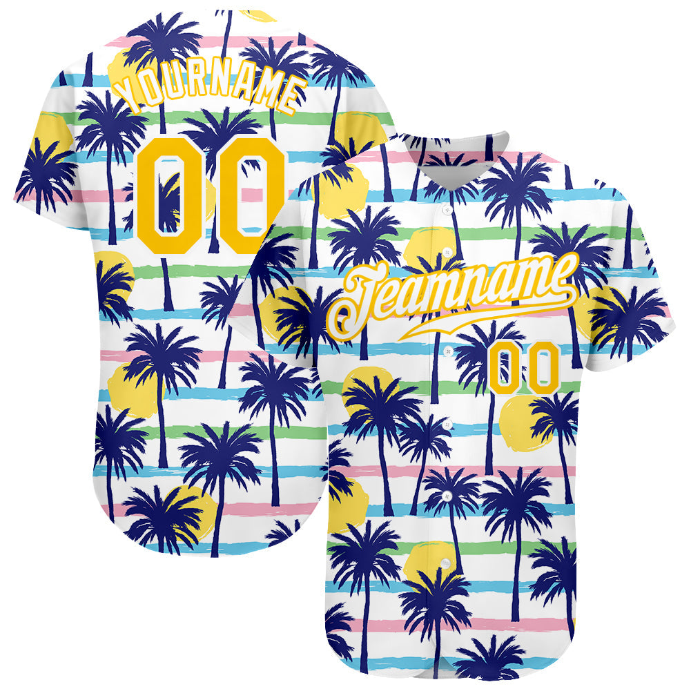 Custom White Gold-White 3D Pattern Design Hawaii Palm Trees Authentic Baseball Jersey baseball jersey product view 1