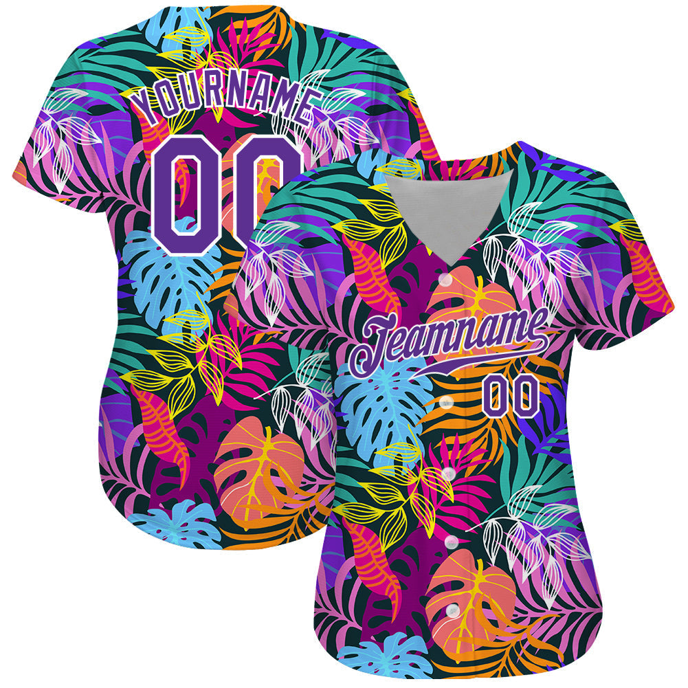 Custom White Purple-White 3D Pattern Design Hawaii Palm Trees Authentic Baseball Jersey baseball jersey product view 3