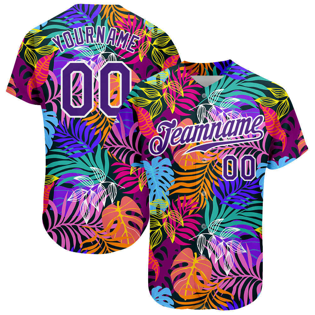 Custom White Purple-White 3D Pattern Design Hawaii Palm Trees Authentic Baseball Jersey baseball jersey product view 1