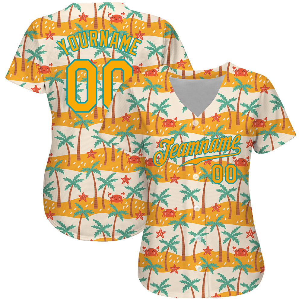 Custom White Gold-Teal 3D Pattern Design Hawaii Palm Trees Authentic Baseball Jersey baseball jersey product view 2