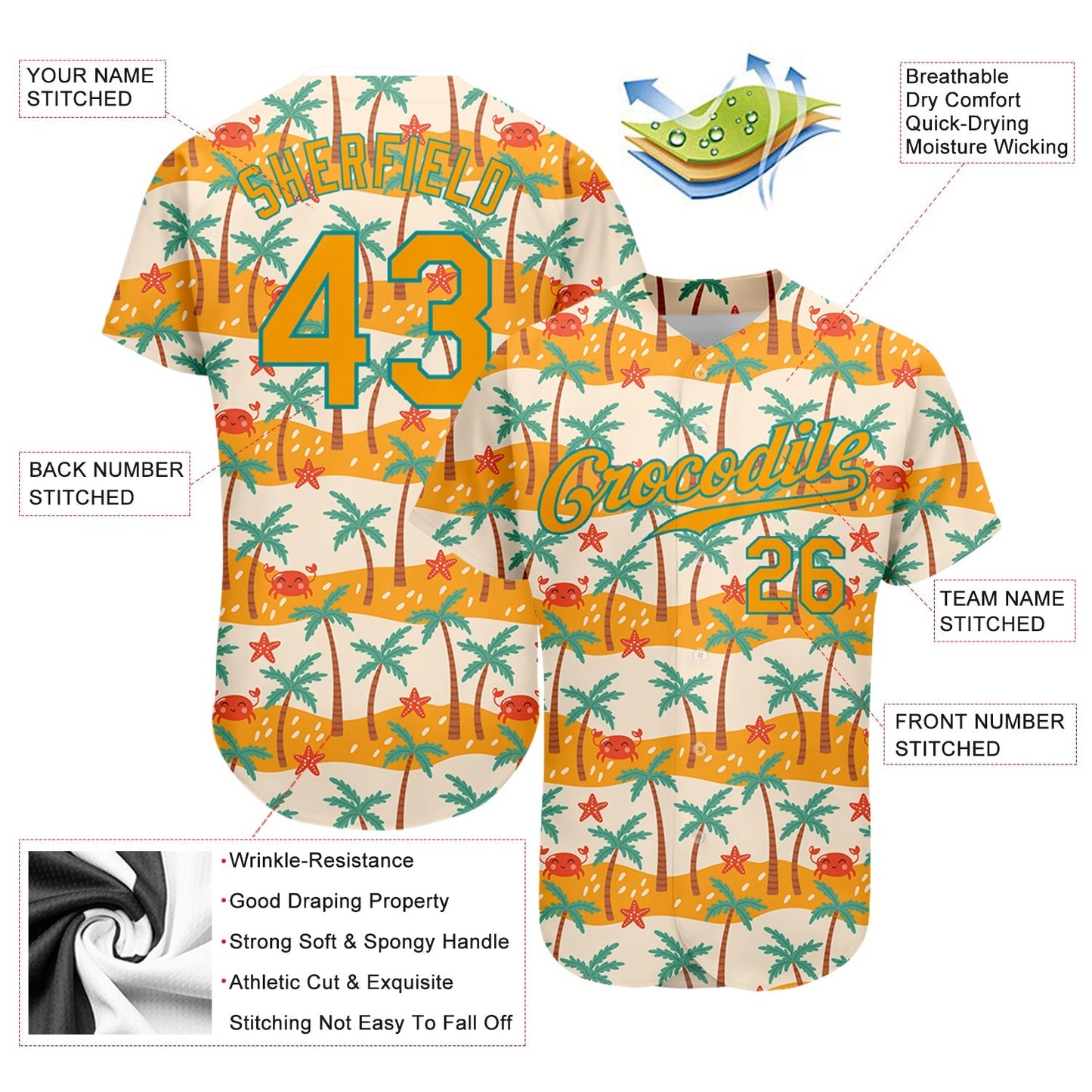 Custom White Gold-Teal 3D Pattern Design Hawaii Palm Trees Authentic Baseball Jersey baseball jersey product view 3