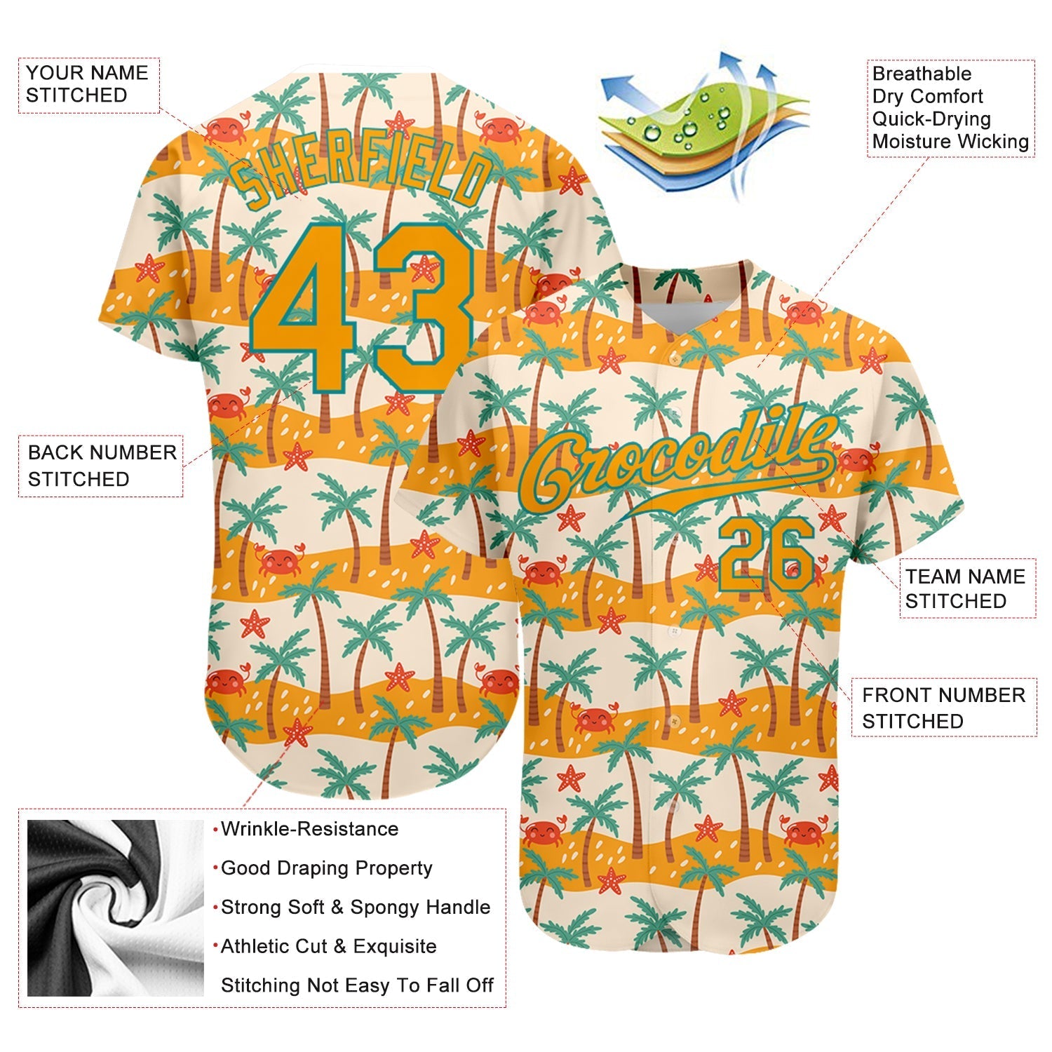 Custom White Gold-Teal 3D Pattern Design Hawaii Palm Trees Authentic Baseball Jersey baseball jersey product view 3