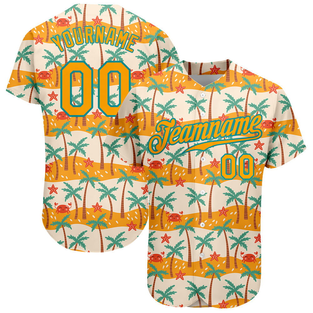 Custom White Gold-Teal 3D Pattern Design Hawaii Palm Trees Authentic Baseball Jersey baseball jersey product view 1