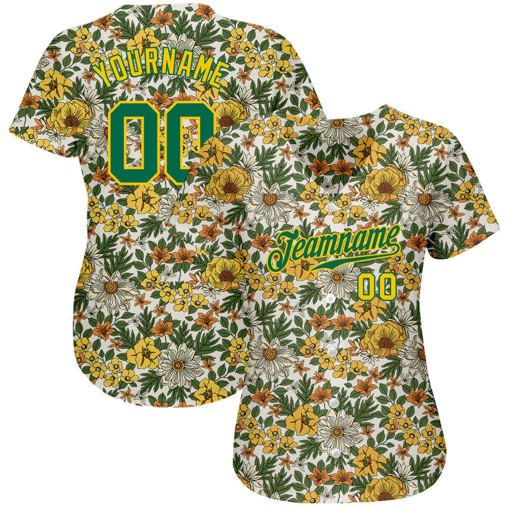 Custom White Kelly Green-Gold 3D Pattern Design Flowers Authentic Baseball Jersey baseball jersey product view 2