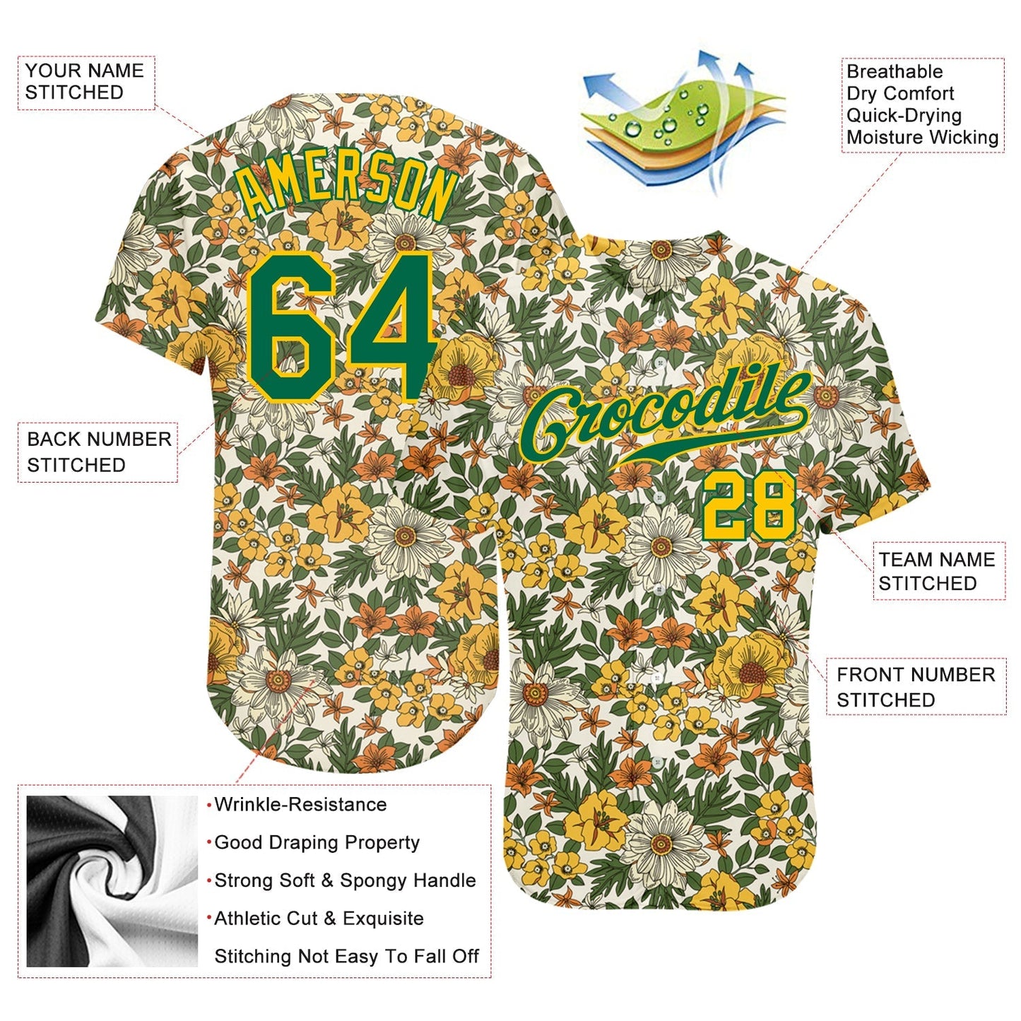 Custom White Kelly Green-Gold 3D Pattern Design Flowers Authentic Baseball Jersey baseball jersey product view 3