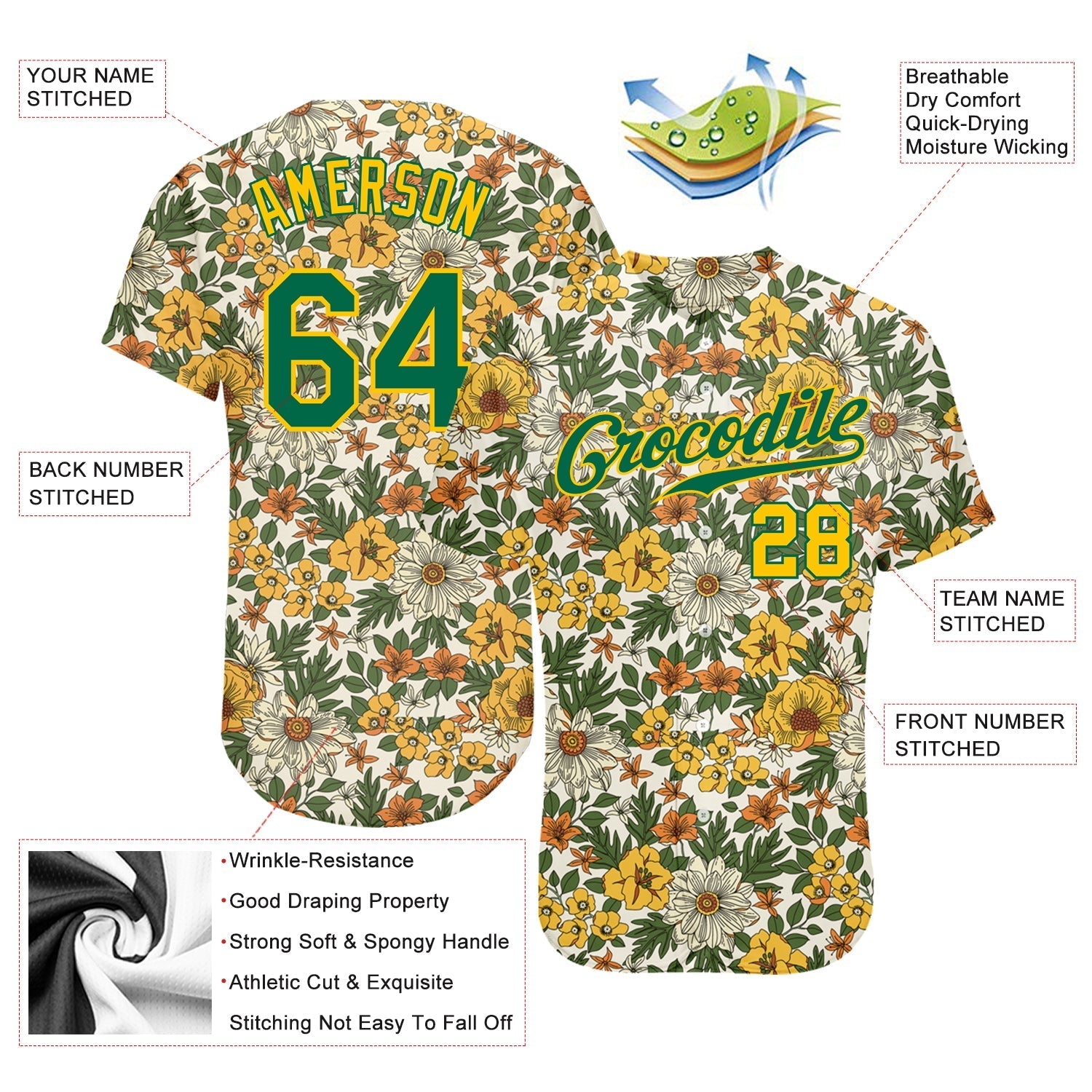 Custom White Kelly Green-Gold 3D Pattern Design Flowers Authentic Baseball Jersey baseball jersey product view 3