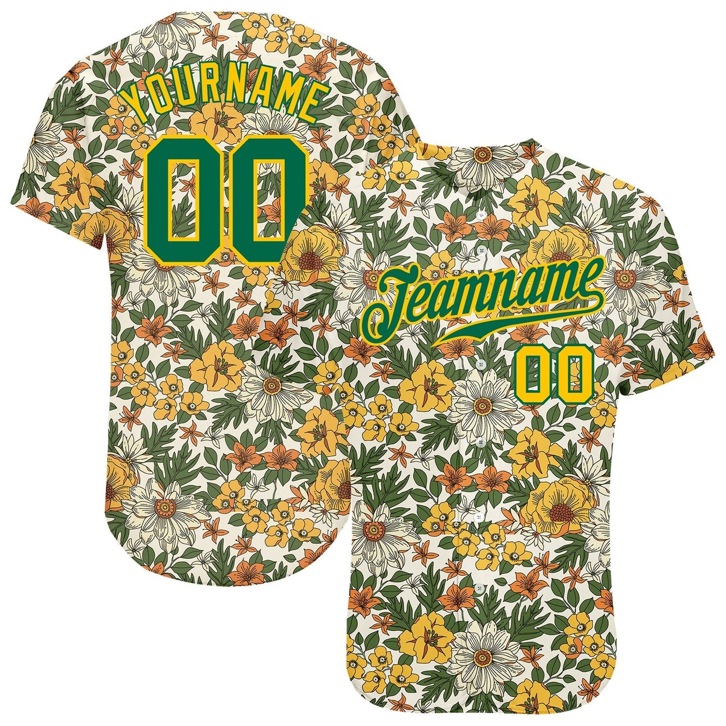 Custom White Kelly Green-Gold 3D Pattern Design Flowers Authentic Baseball Jersey baseball jersey product view 1