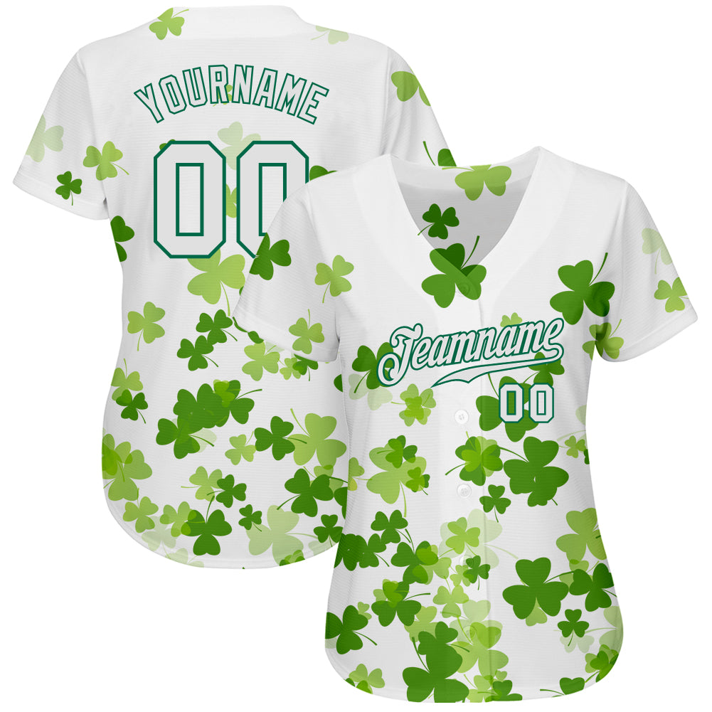 Custom White White-Kelly Green 3D Pattern Design Authentic St. Patrick's Day Baseball Jersey baseball jersey product view 2
