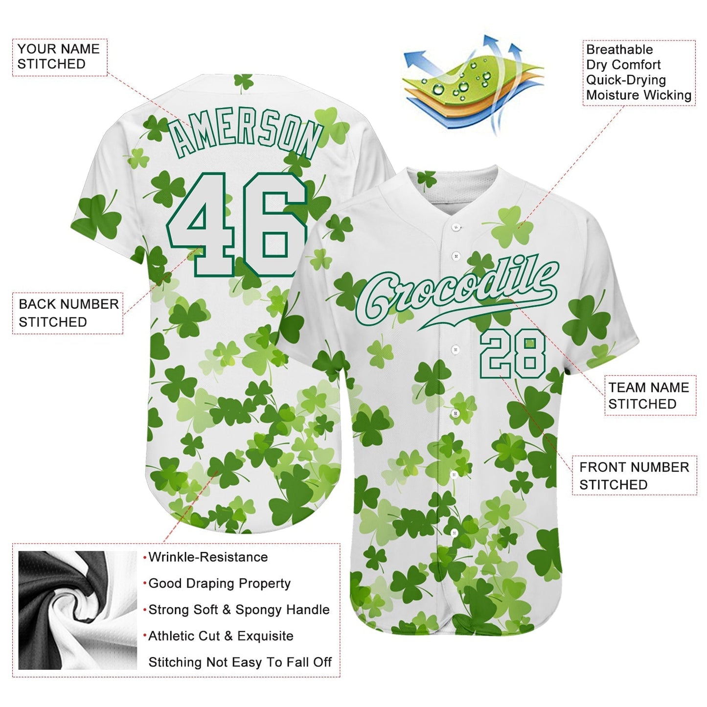 Custom White White-Kelly Green 3D Pattern Design Authentic St. Patrick's Day Baseball Jersey baseball jersey product view 3