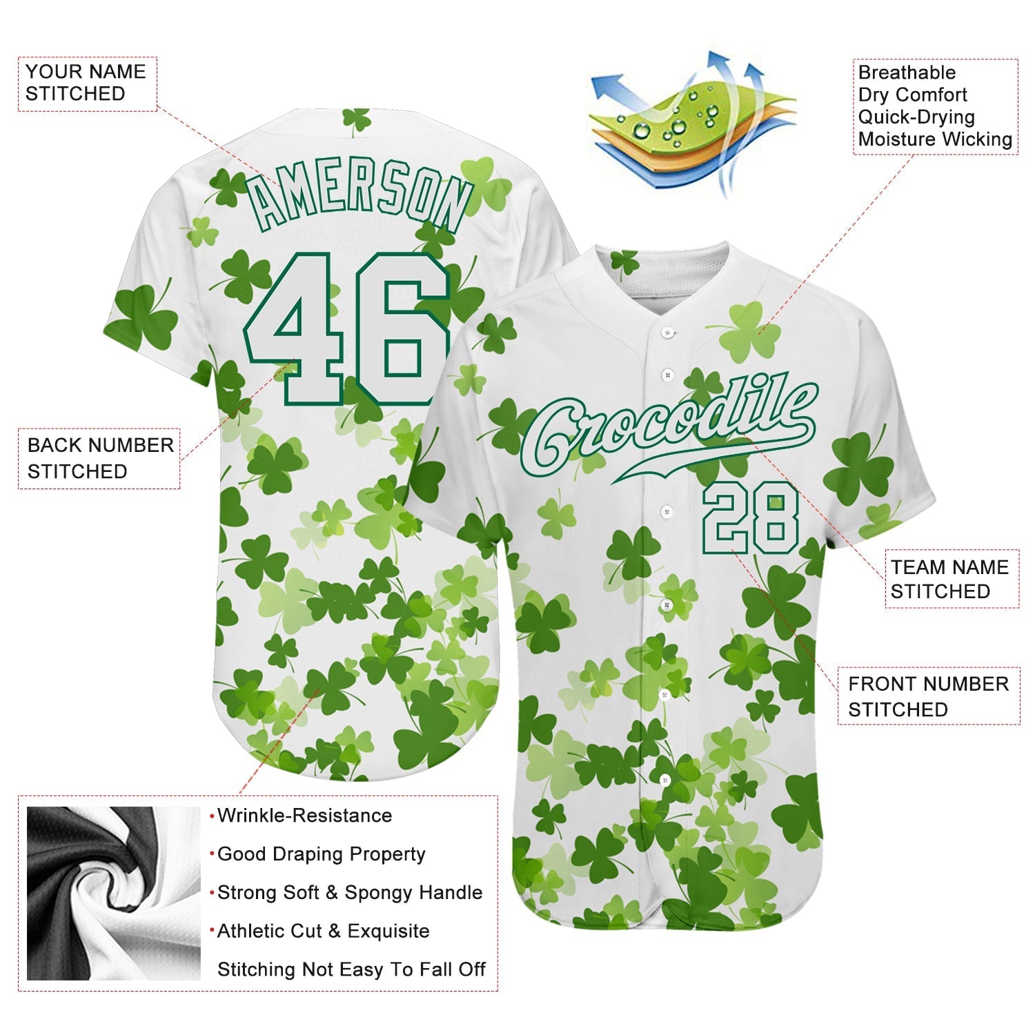 Custom White White-Kelly Green 3D Pattern Design Authentic St. Patrick's Day Baseball Jersey baseball jersey product view 3