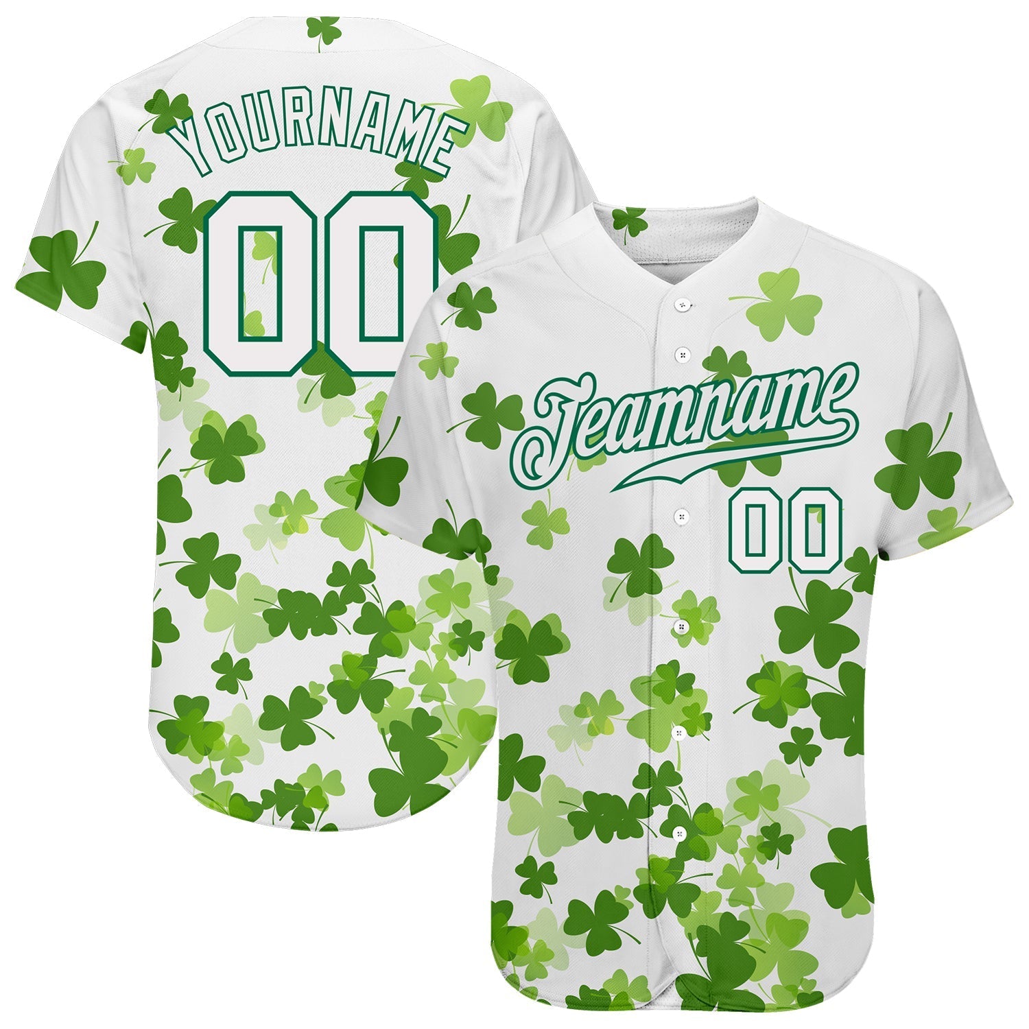Custom White White-Kelly Green 3D Pattern Design Authentic St. Patrick's Day Baseball Jersey baseball jersey product view 1