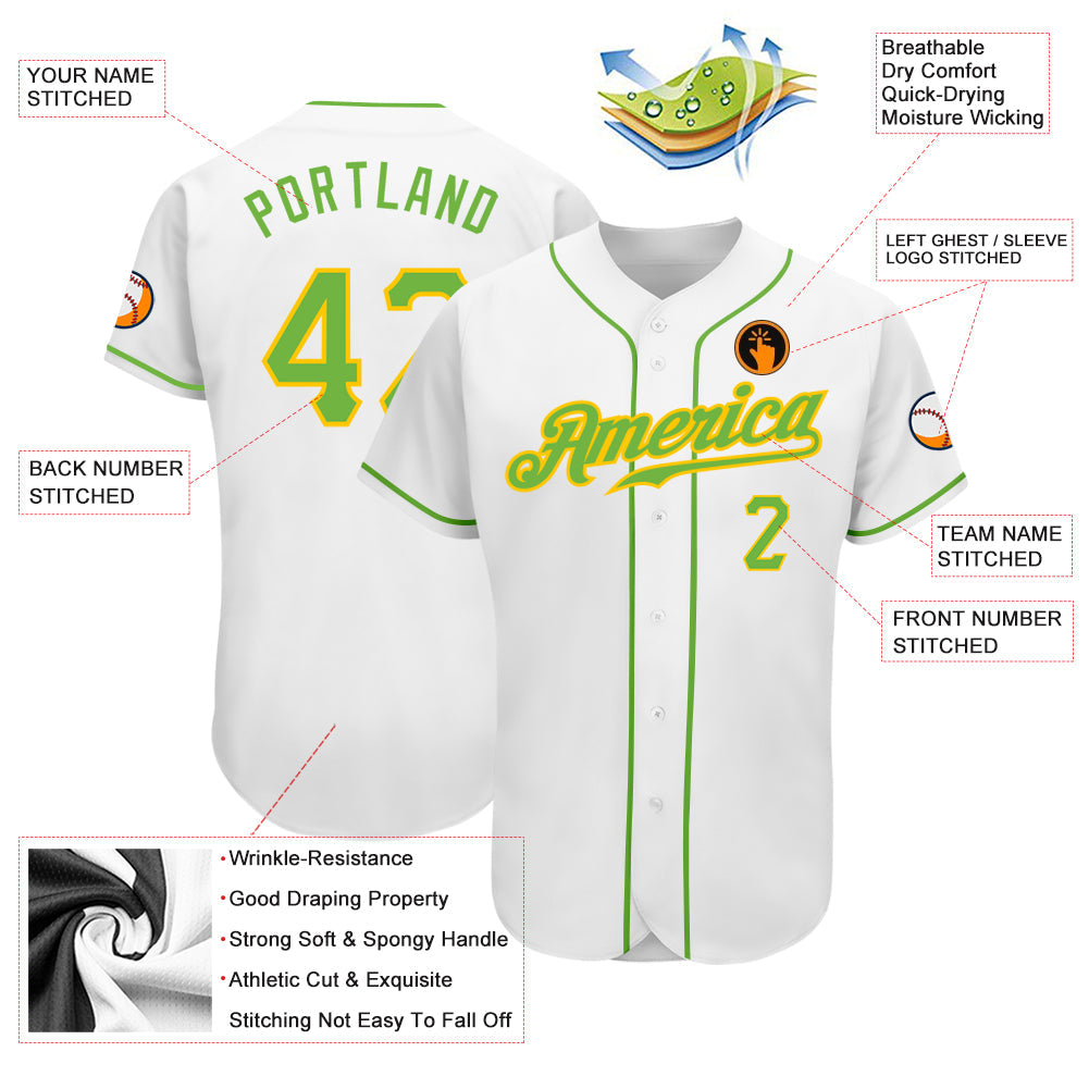 Custom White Neon Green-Gold Authentic Baseball Jersey baseball jersey product view 3