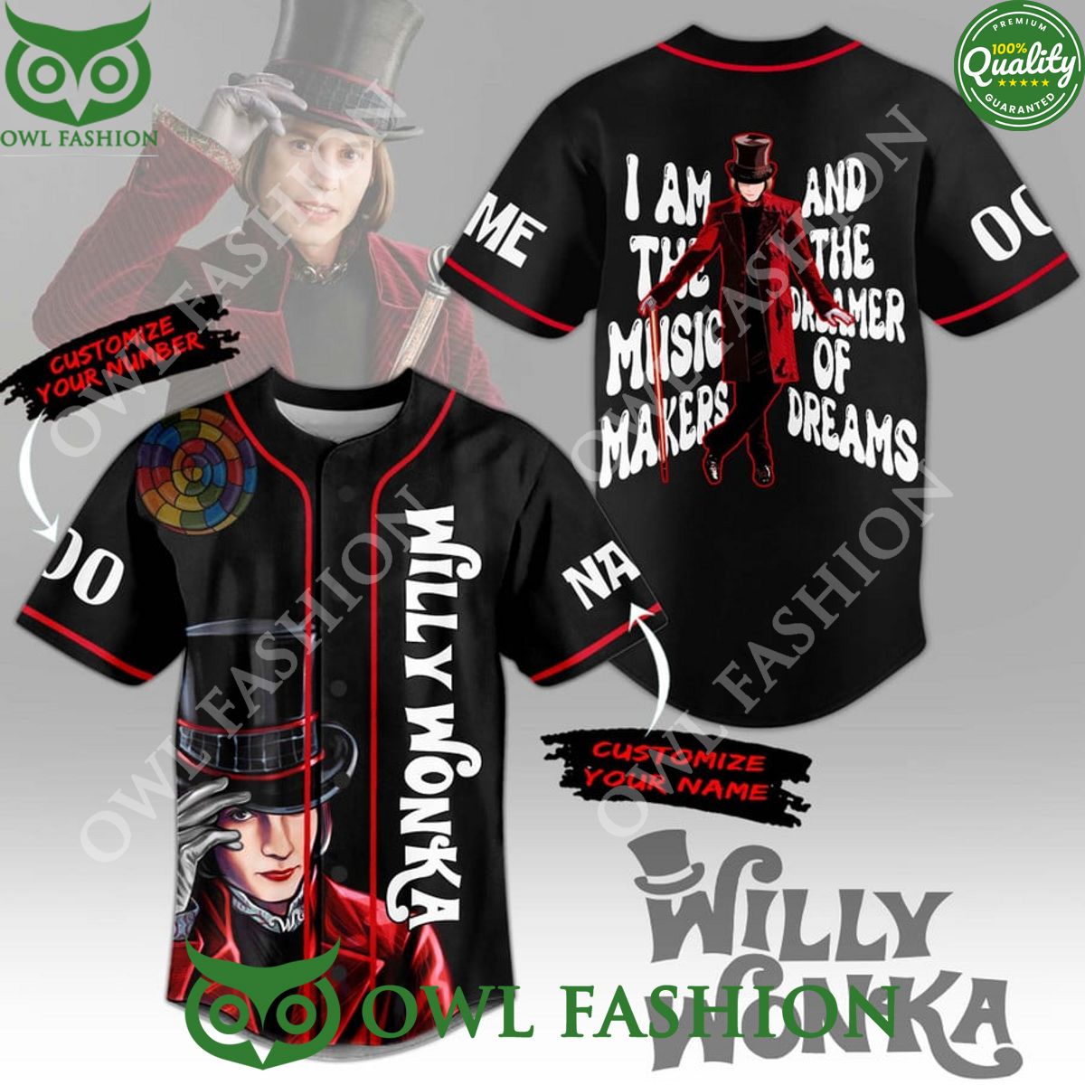 Willy Wonka Music Makers Dreamers of Dream Custom Name and Number Baseball Jersey shirt baseball jersey product view 1