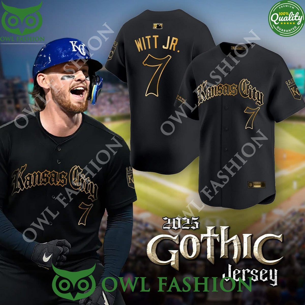 Witt Jr 7 Born in the Midwest Kansas City pride Gothic Gold baseball jersey baseball jersey product view 1
