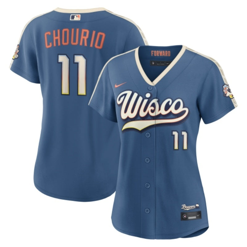 women milwaukee brewers #11 jackson chourio 2026 city connect stadium jersey - mineral blue_conew1 baseball jersey product view 1