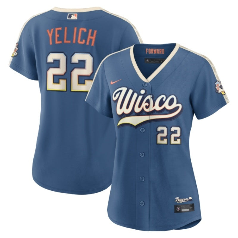 women milwaukee brewers #22 christian yelich 2026 city connect stadium jersey - mineral blue_conew1 baseball jersey product view 1
