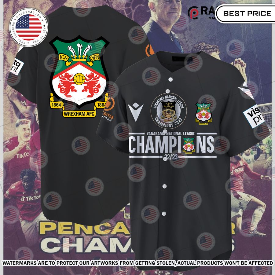 Wrexham AFC 22/23 Champions Black Baseball Jersey baseball jersey product view 1