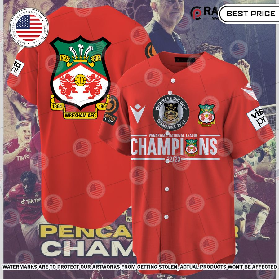 Wrexham AFC 22/23 Champions Red Baseball Jersey baseball jersey product view 1